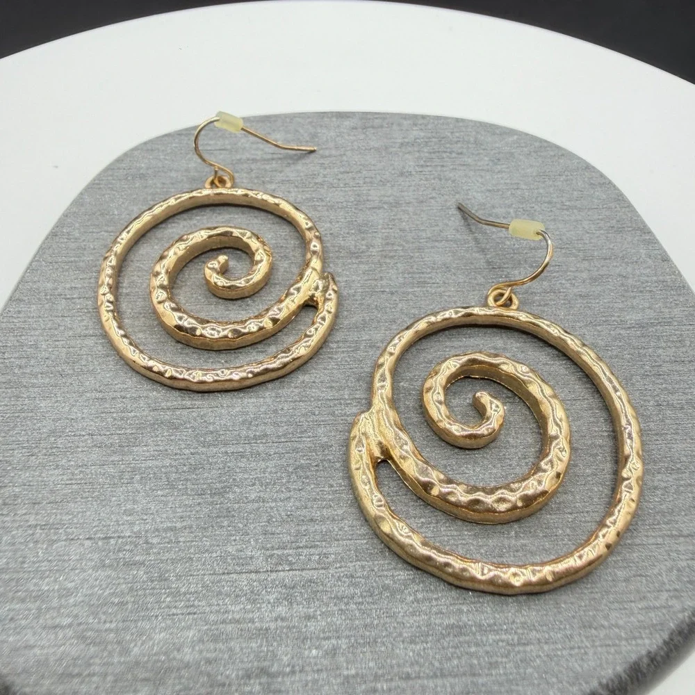 Gold Tone Hammered Spiral Dangle Earrings Large Swirl Boho Statement Jewelry